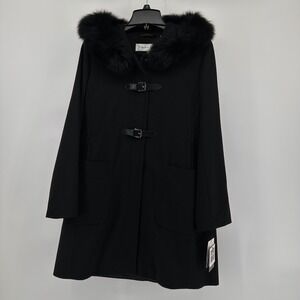 Trina Turk Black Fox Fur Hood Toggle Coat Size 6 New